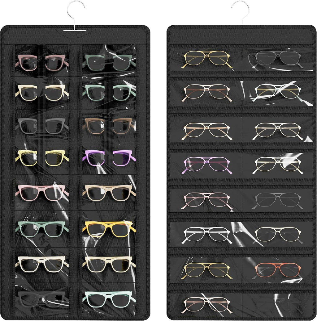 Hanging Sunglasses Organizer and Storage, 32 Slots Jewelry Holder, Black