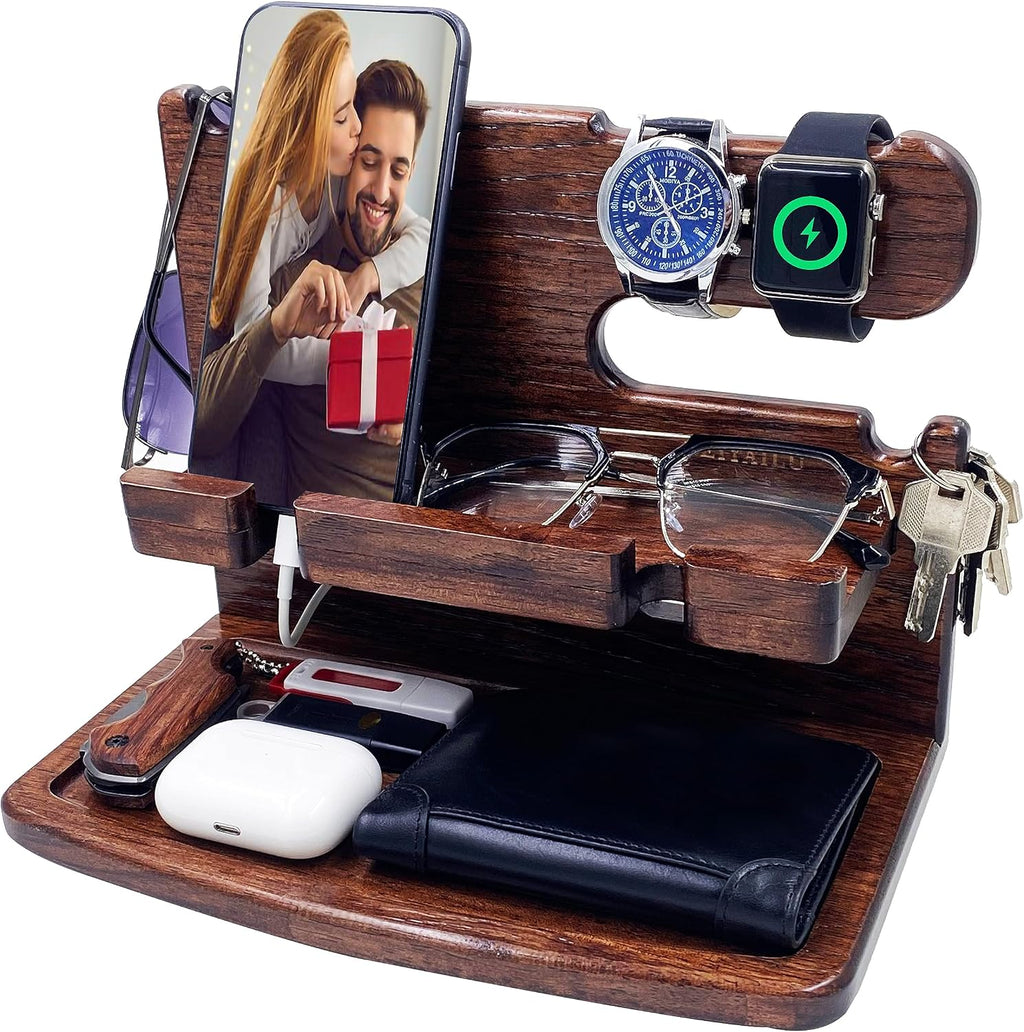 VEIYAILU Gifts for Men Women Dad Husband Son Boyfriend Him Desk or Nightstand Organizer Birthday Gifts Wood Phone Docking Station Anniversary Idea from Wife - Key Holder, Watch (Dark Brown)