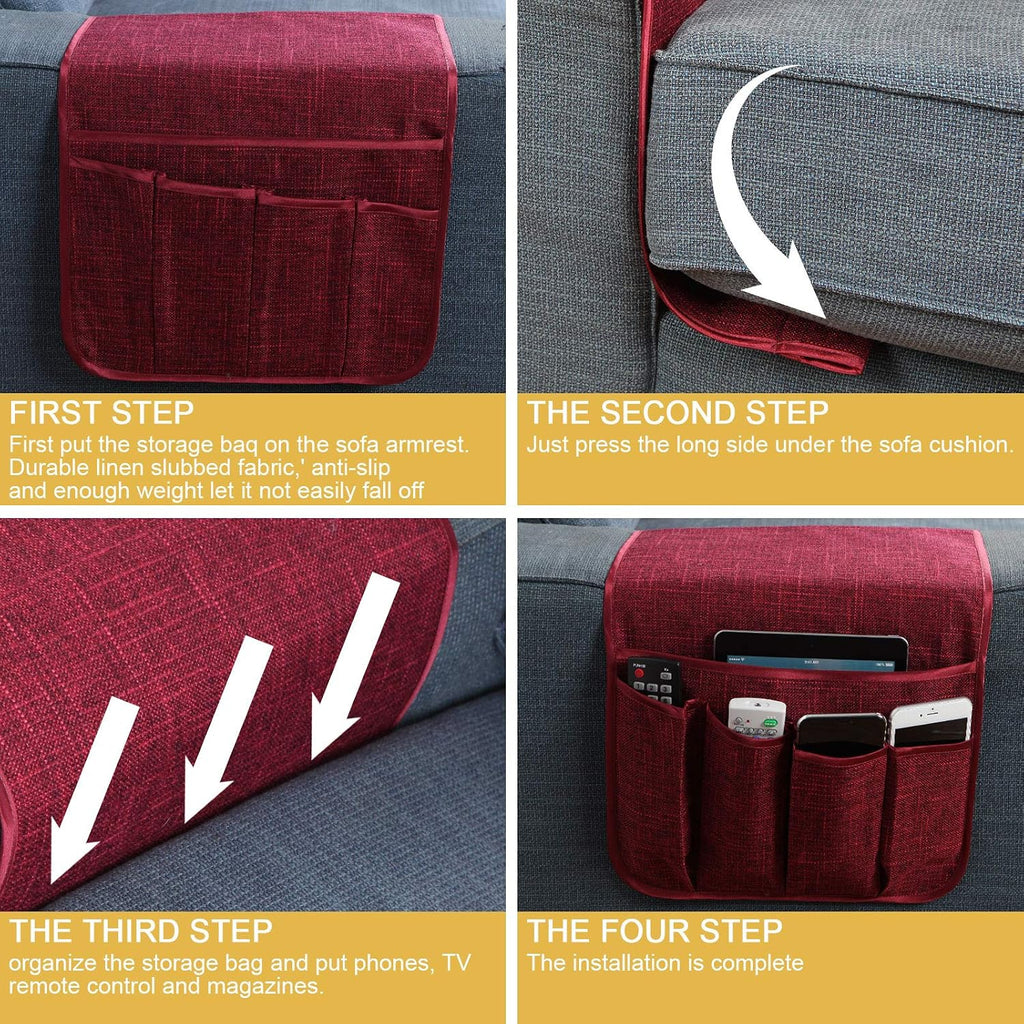 Sofa Armrest Organizer Non-Slip Remote Control Holders for Recliner Couch Chair Armchair Caddy with 5 Pockets for Table,Cell Phone,Ipad,Magazines,Books (Winered, 13 x 35 Inch)