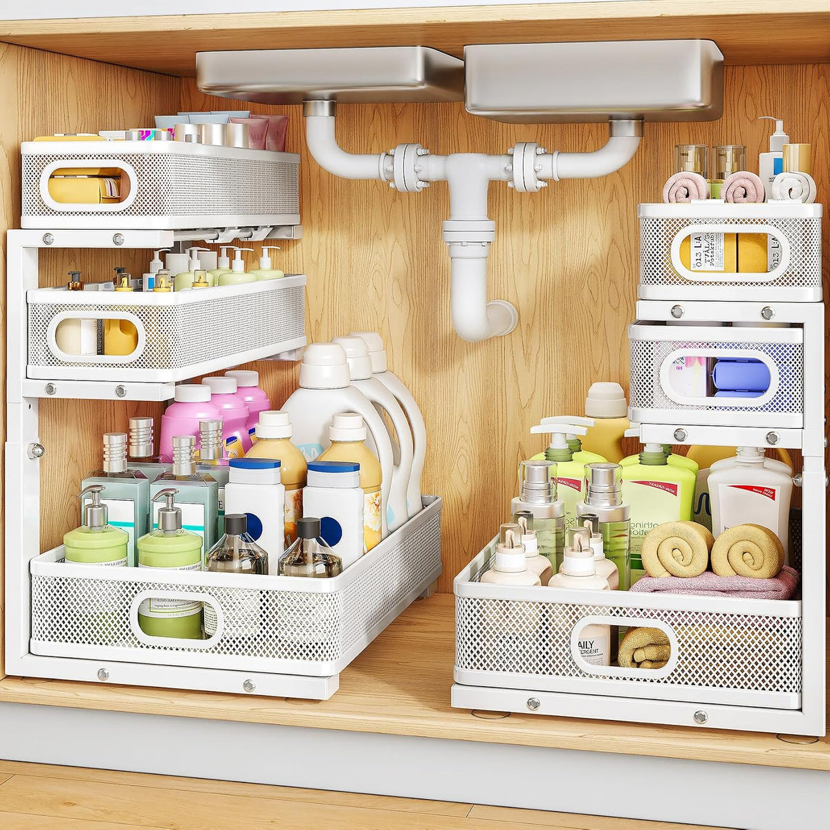 Under Sink Organizer, 3-Tier Thickened Metal Pull out Cabinet Organizer Shelf, Height Adjustable Slide out Storage Drawer Rack for Kitchen Bathroom Pantry Laundry Home Organization, 2-Pack, White