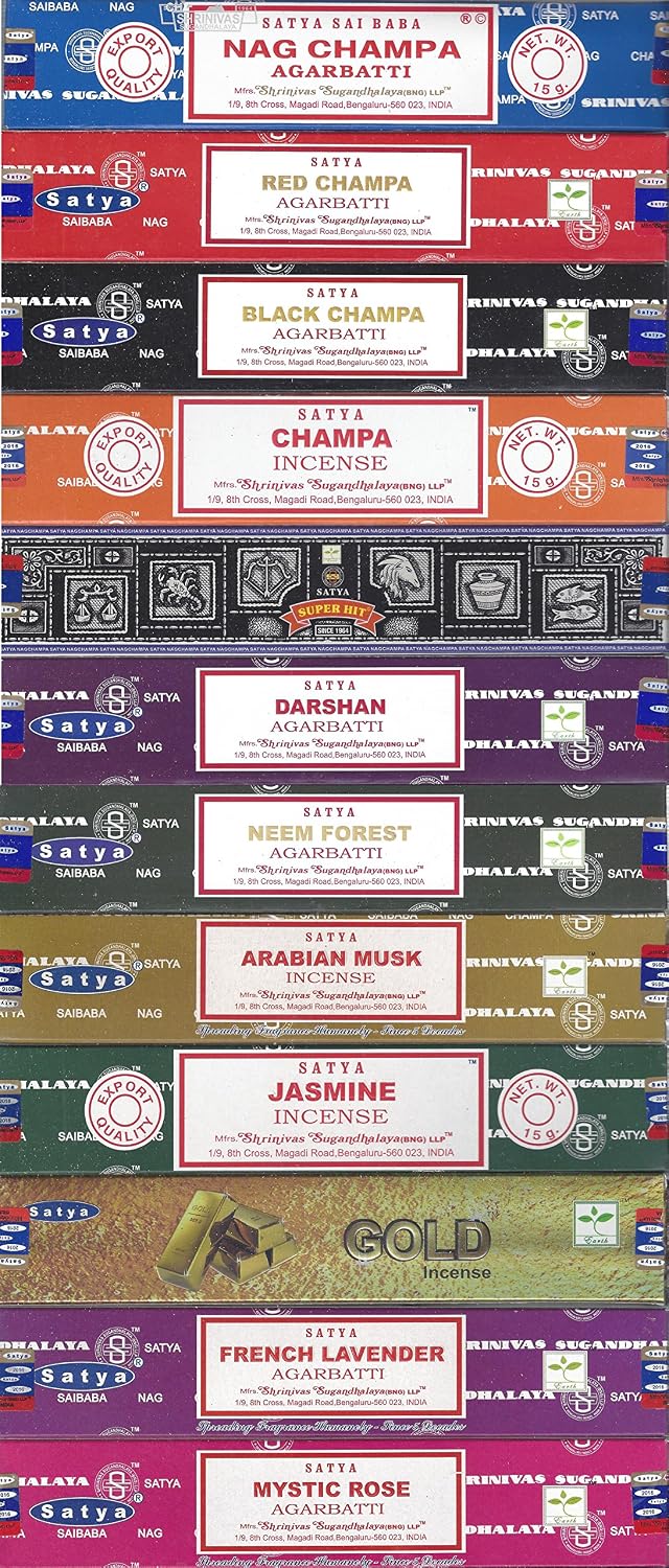 Satya Bangalore (BNG) Set of 12 Nag Champa, Red Champa, Black Champa, Champa, Super Hit, Darshan, Neem Forest, Arabian Musk, Jasmine, Gold, French Lavender, Mystic Rose Incense Sticks, VarietyPack06