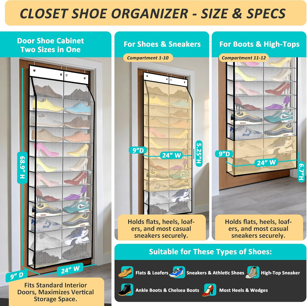 Kotkn 24-Pair Over Door Shoe Organizer for Family & Kids, Double Sided | Hanging Storage for Sneakers, Boots, Toys & Room Organization-Pearl White