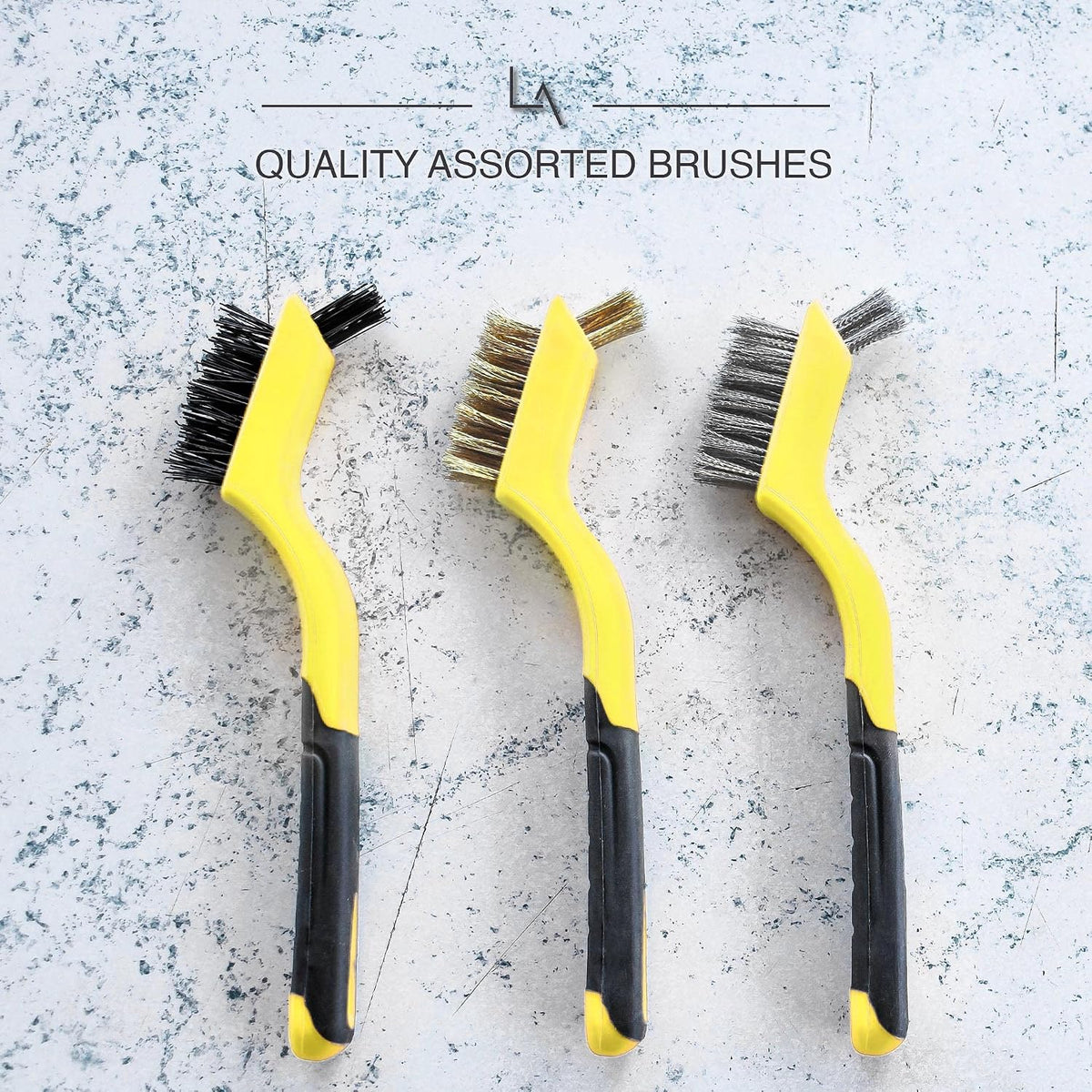 Lavaxon Wire Brush Set 3Pcs - Nylon/Brass/Stainless Steel Bristles with Curved Handle Grip for Rust, Dirt & Paint Scrubbing with Deep Cleaning – 7 Inches (Yellow)