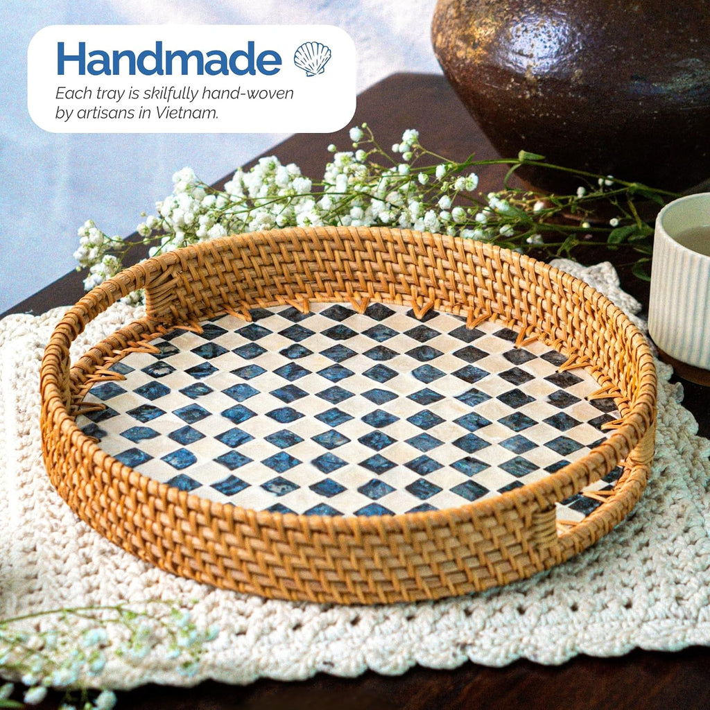 JUNGLE CULTURE Round Rattan Tray with Mother of Pearl Inlay • Drift 14"