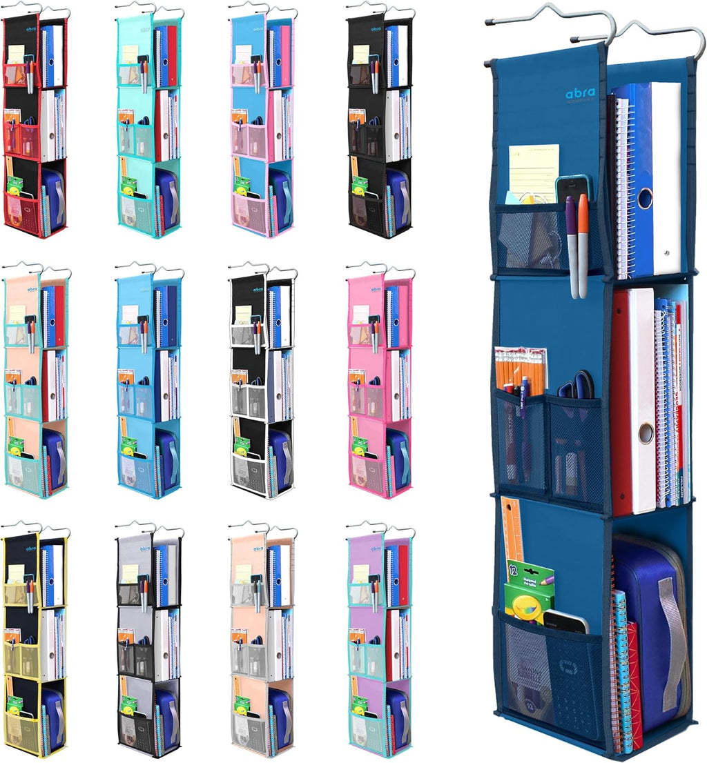ABRA® 3 Shelf Hanging Locker Organizer for School, Gym, Work, Storage | Wide Shelves 6.5”x 9”| Eco-Friendly Fabric Healthy for Children | Adjustable School Locker Shelf from 3 to 2 Shelves (Navy Blue)