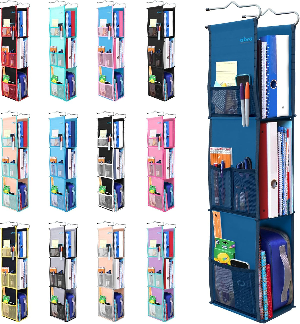 ABRA® 3 Shelf Hanging Locker Organizer for School, Gym, Work, Storage | Wide Shelves 6.5”x 9”| Eco-Friendly Fabric Healthy for Children | Adjustable School Locker Shelf from 3 to 2 Shelves (Navy Blue)