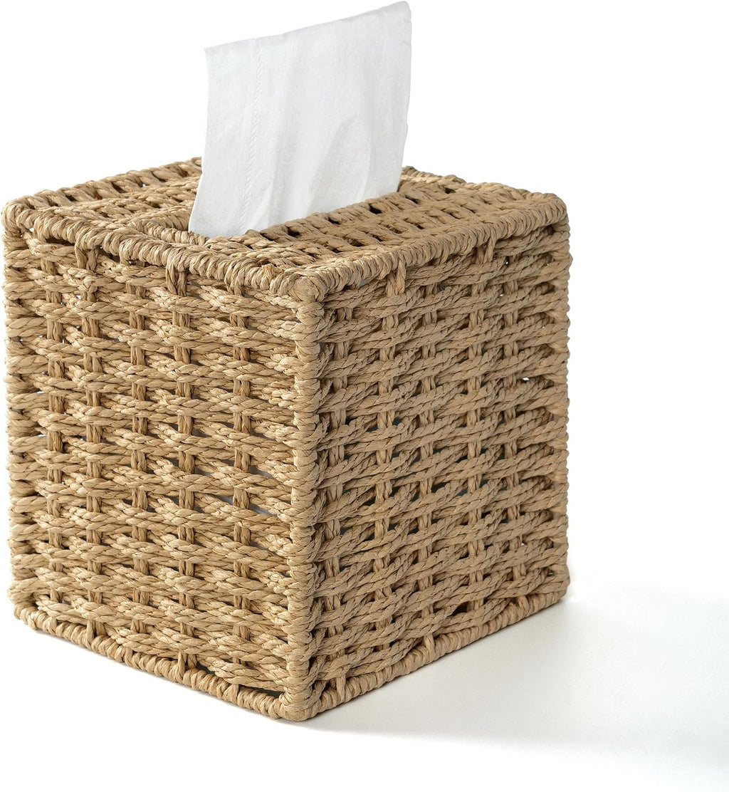 AELS Farmhouse Tissue Box Cover Square, Hand Woven Strawpaper Facial Tissue Paper Holder, Cute Tissue Box Holder Square, Boho Bathroom Decor Box for Tissues Cube Box w/Elastic Bottom, Natural