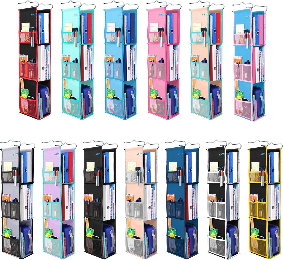 ABRA® 3 Shelf Hanging Locker Organizer for School, Work, Gym | Deep Shelves 6.5”x 9”| Eco-Friendly Fabric Healthy for Children | Adjustable School Locker Shelf from 3 to 2 Shelves (Black/White)