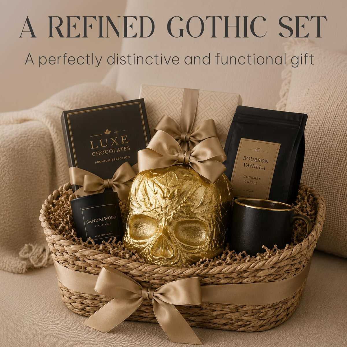Gothic Skull Tissue Box Cover, Gold, Square by Death Decor