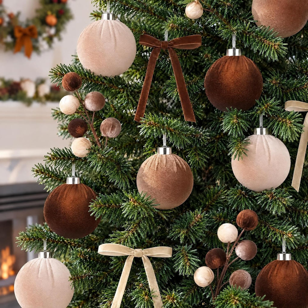 Ouddy Decor 33 Pcs Velvet Neutral Christmas Ornaments Set, Brown & Beige