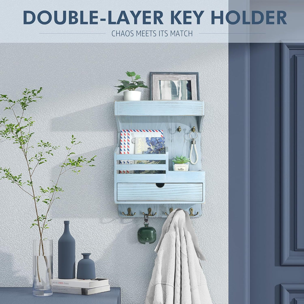 Rebee Vision Key Holder Wall Mount with Drawer & Shelf for Entryway, Blue