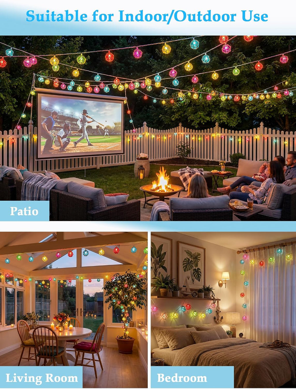 Oviejo 8.5FT LED Tiki Bar String Lights, 10 Multicolor Patio Lights Plug in