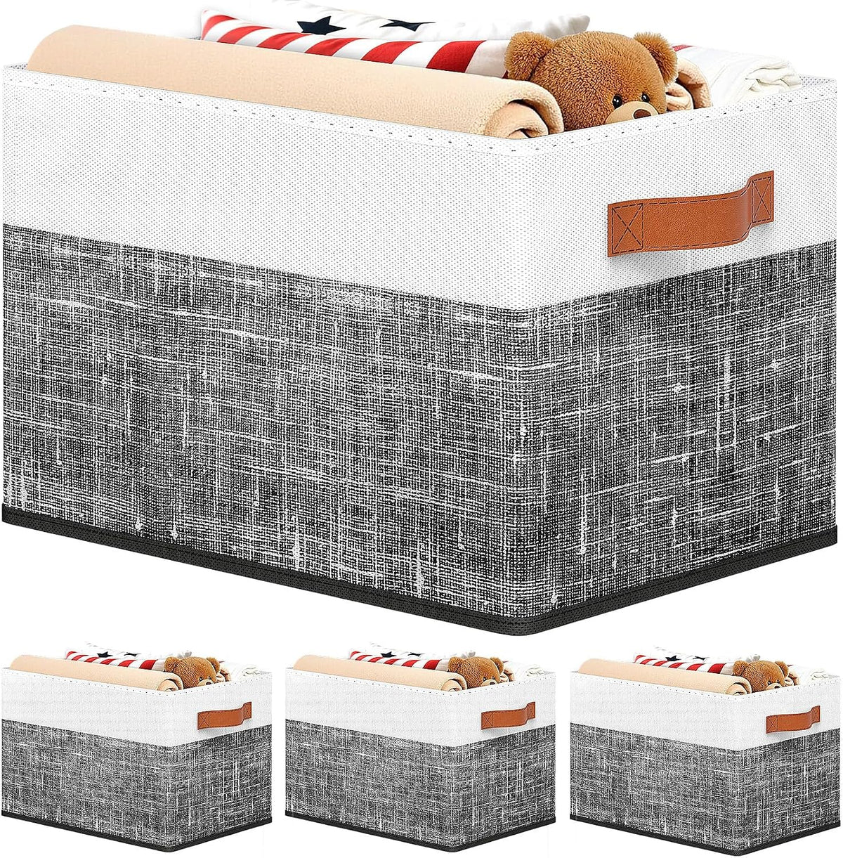 Fab totes Collapsible Storage Baskets for Shelves,14"x10", 4 Pack Foldable Fabric Storage Bins with Double Leather Handles, Large Baskets for Organizing Books, Clothes, White & Black