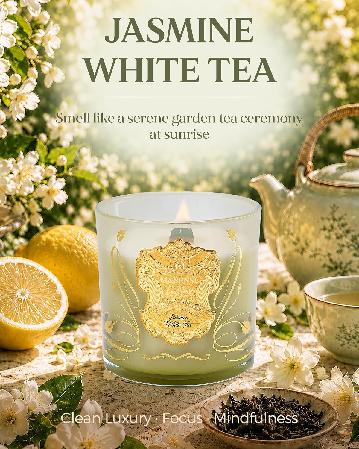 M&SENSE Jasmine White Tea Scented Crackling Wooden Wick Candle 13oz 75h