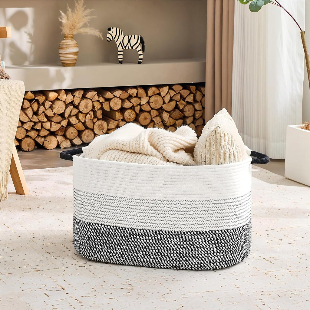 Large Blanket Basket, 75L Woven Rope Storage Basket 22x17x12 in
