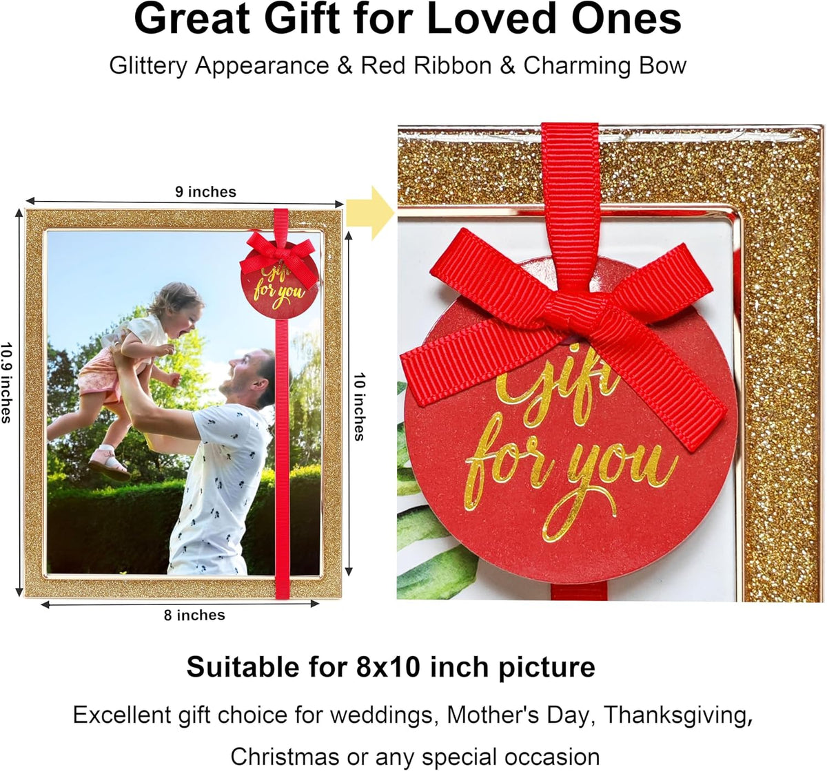 Enamel Picture Frames 8x10, 8 by 10 Gold Glittering Photo Frame with Real Glass & Velvet Back, Sparkling Metal frame for Tabletop or Wall, Amazing Weddings Graduation Gift & Wall Art Decor