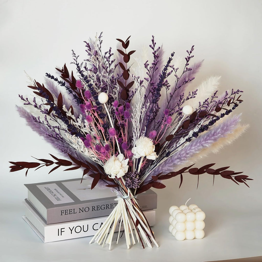 Purple Boho Dried Flower Bouquet 17" Handmade Pampas Decor