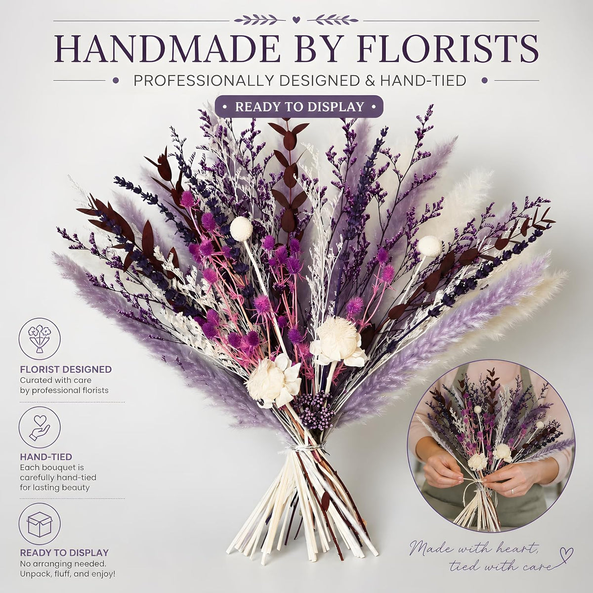 Purple Boho Dried Flower Bouquet 17" Handmade Pampas Decor