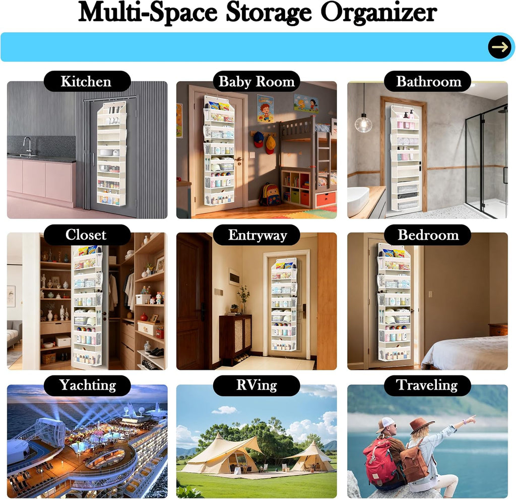 PAULONE 1 Pack Heavy Duty Over the Door Organizer, 6 Large + 12 Mesh Pockets with 89 lbs Capacity, Space-Saving Hanging Storage for Shoes, Toys, Bedroom & Closet (6-Layer Off-White)