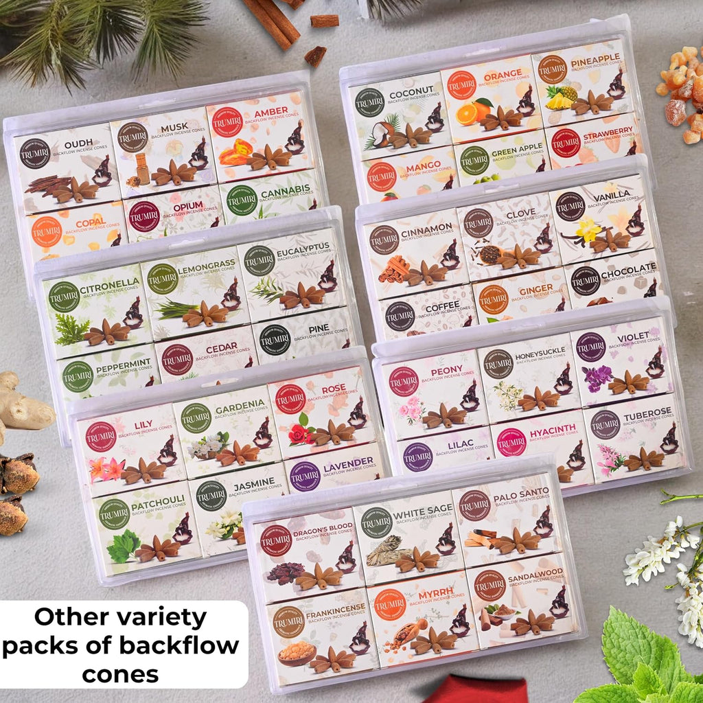 Floral - Backflow Incense Cones for Waterfall - Scented Inscents-Cones - Lavender, Jasmine, Rose, Patchouli, Lily, Gardenia - Insiensos Aromaticos - 6x10=60 Large Variety Pack