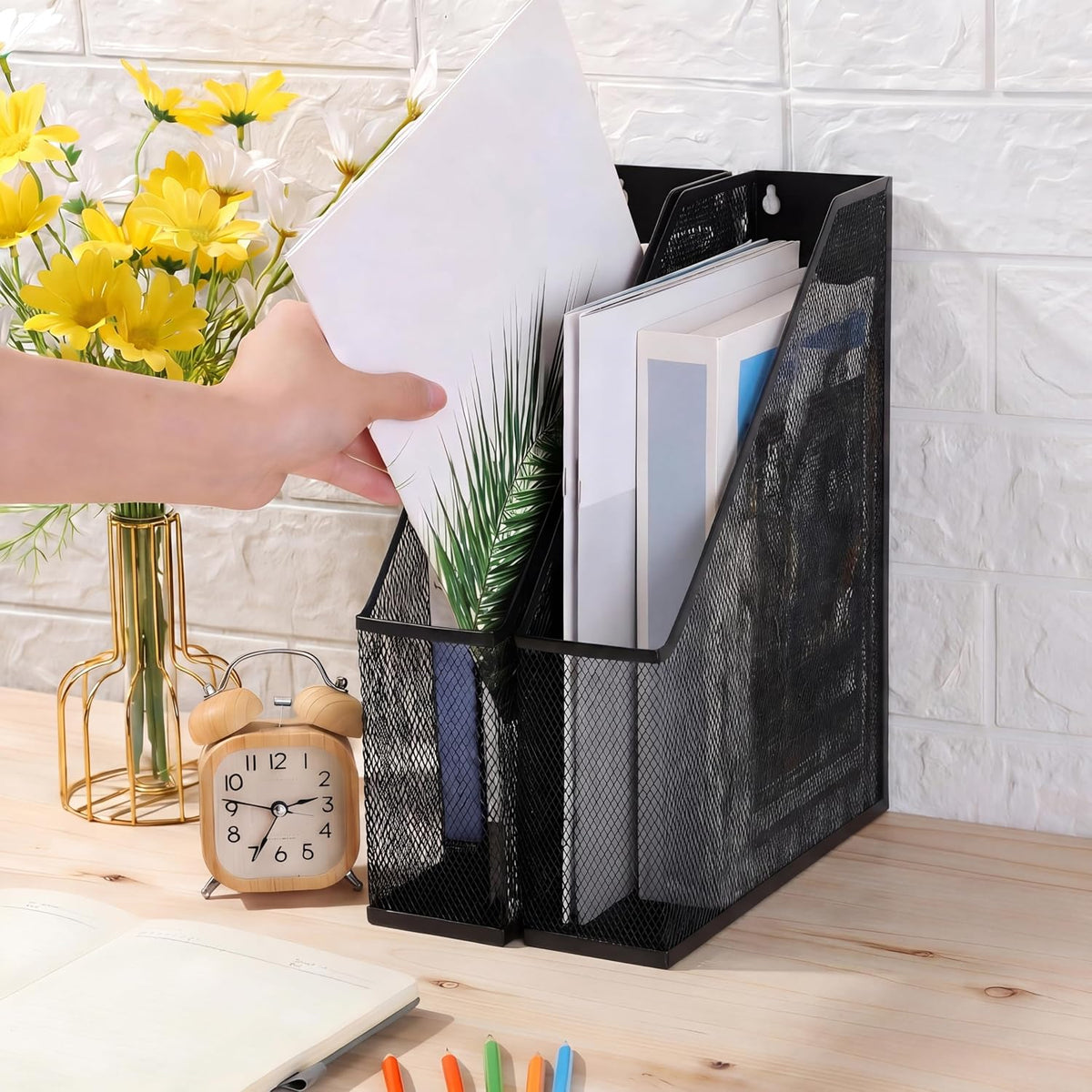 Sliner 2 Pack Metal Magazine Holder Black Mesh Steel Document Rack 1 Section File Organizer Extra Wide Magazine Folder Storage Desk Tidy for Office Home, 12.6”x 9.8”x 3”