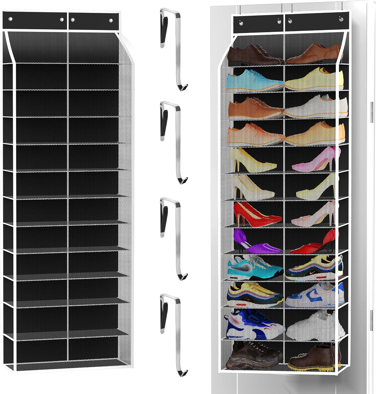 Kotkn 24-Pair Over Door Shoe Organizer for Family & Kids, Double Sided | Hanging Storage for Sneakers, Boots, Toys & Room Organization-Obsidian Black