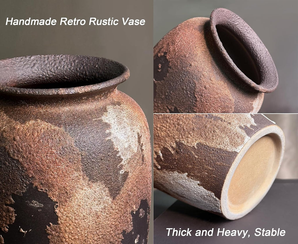 12-Inch Rustic Brown Textured Ceramic Vase for Eucalyptus and Pampas Grass