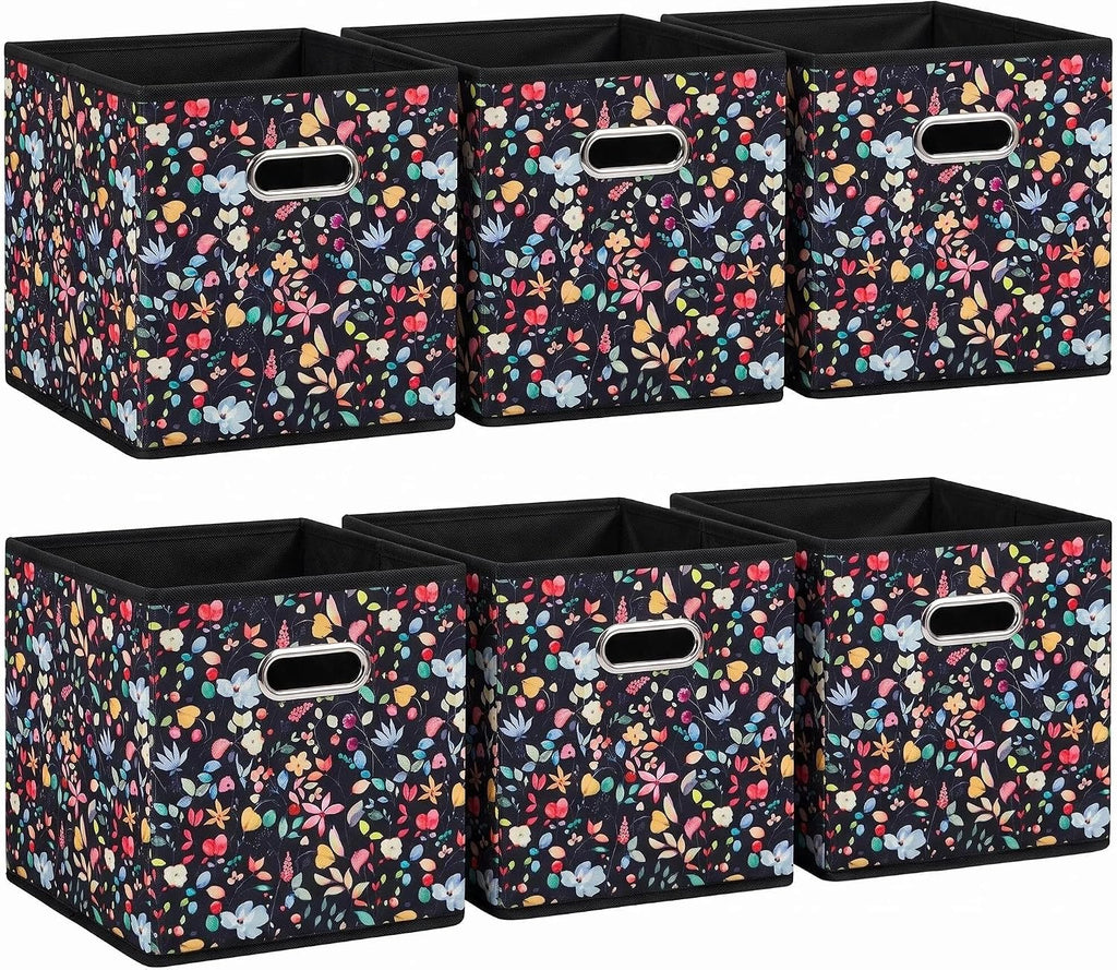6pcs Black Floral Fabric Storage Cubes Organizer with Handles, Collapsible Sturdy Storage Bins for Organization, 10.5" x 10.5" x 11"