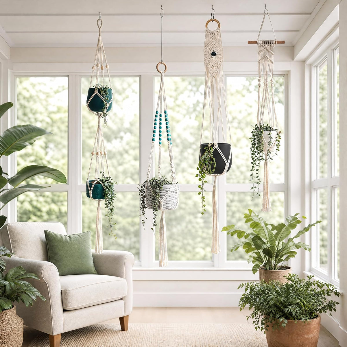 4-Pack Indoor Pot Hanger, Macrame Hanging Planters, Boho Decor for Room/Ceiling/Garden/Balcony (No Pot and Plant Included)