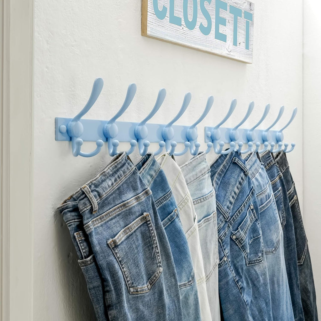 Dseap Coat Rack Wall Mount, Heavy Duty 12-Gauge Base vs Flimsy 1mm, Double-Thick Solid Anti-Snap Hooks, 16” Stud-Mount, Stainless Steel Hanger for Clothes Hat Entryway Closet Mudroom, Blue