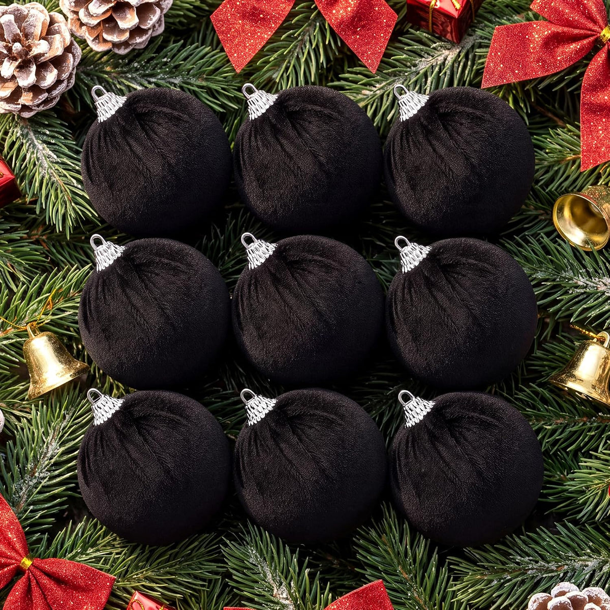 Woration 9 Pcs Black Velvet Christmas Balls 2.36" Xmas Tree Hanging Ball