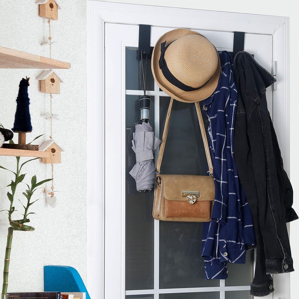 WEBI Over The Door Hooks,Over Door Towel Rack with 6 Peg Hooks for Hanging,Door Coat Hanger Door Coat Rack for Behind Back of Bathroom,Black
