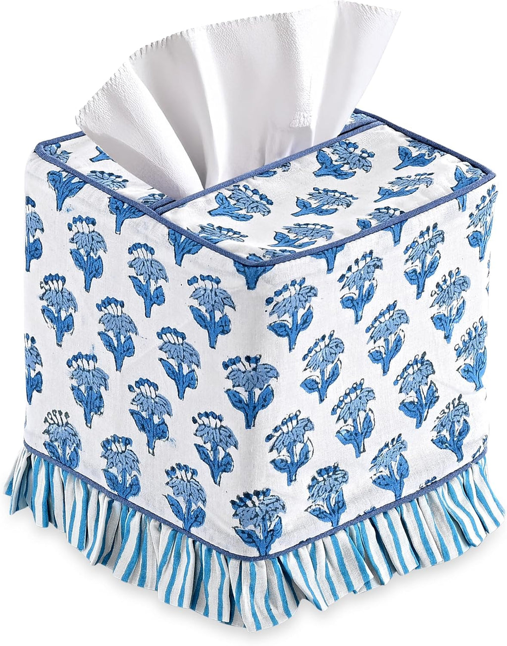 CPC 100% Cotton Ruffle Block Print Tissue Box Cover, Apatite Blue