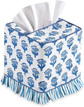 CPC 100% Cotton Ruffle Block Print Tissue Box Cover, Apatite Blue