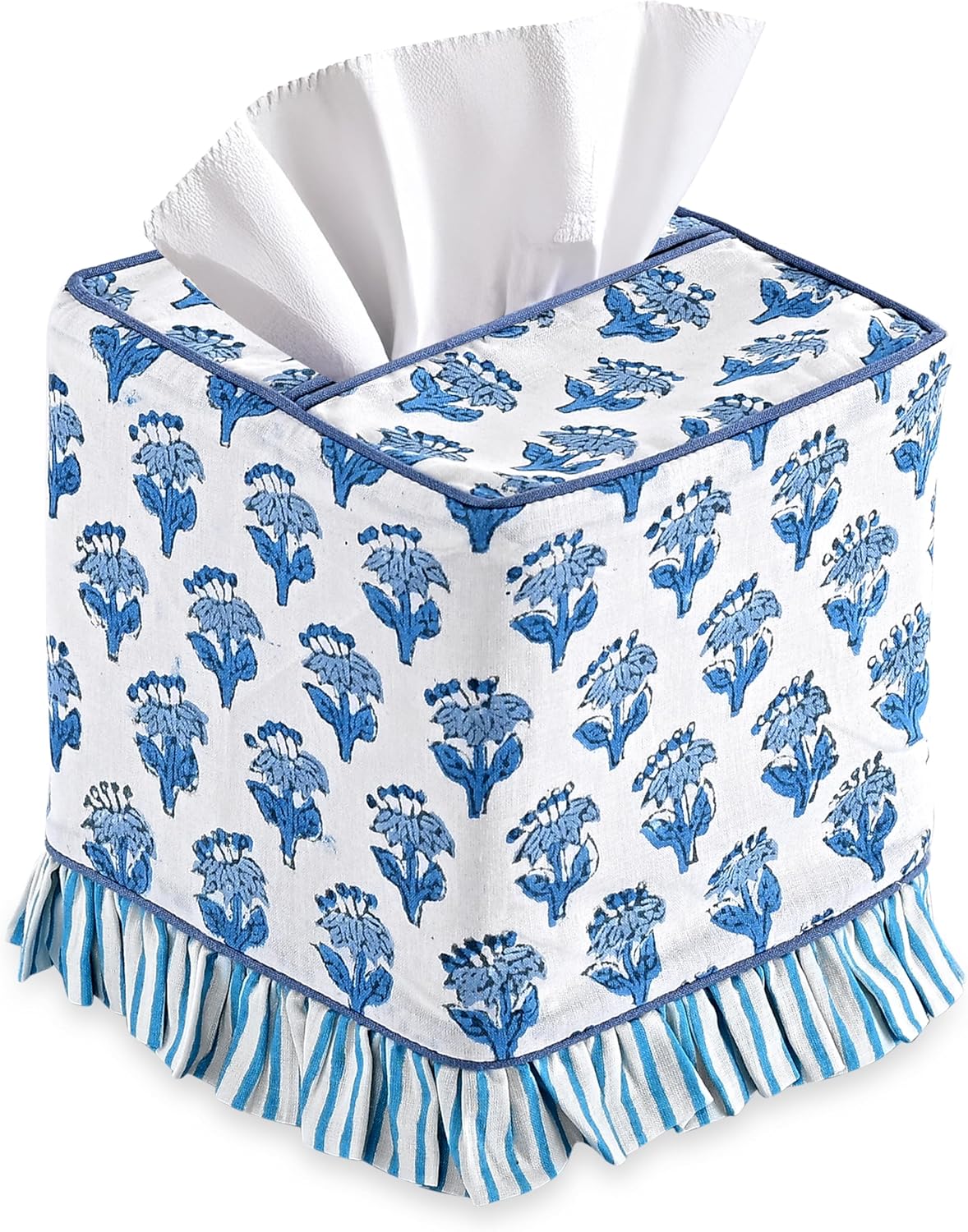 CPC 100% Cotton Ruffle Block Print Tissue Box Cover, Apatite Blue