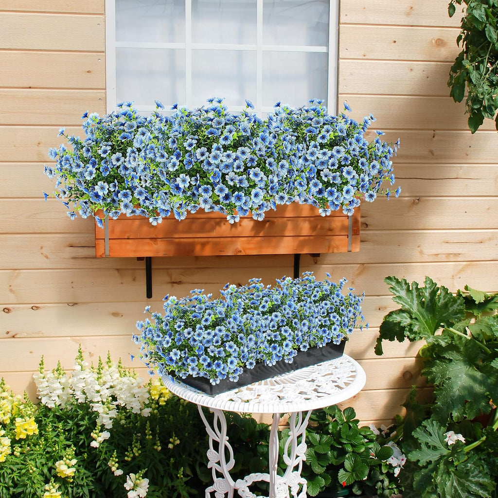 Sggvecsy Artificial Flowers for Outdoors 12 Bundles Realistic Faux Plants UV Resistant Fake Silk Daisy with Eucalyptus for Boxwood Planter Patio Porch Outside Spring Summer Decoration(Blue)