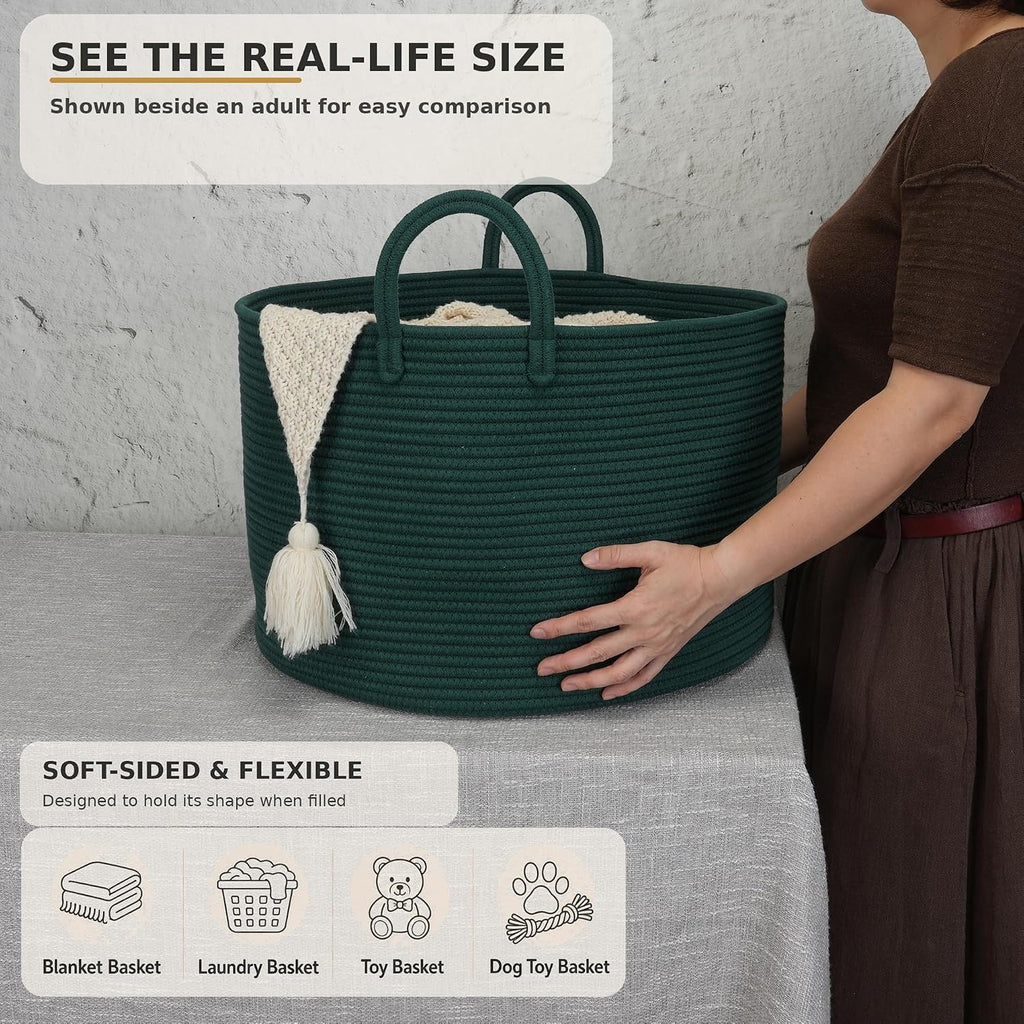 XUANGUO 66L Large Blanket Basket, Round Cotton Rope Basket, Dark Green