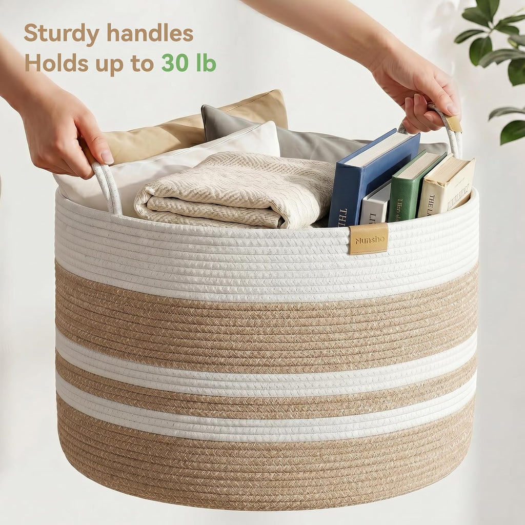 Nunsino 115L Blanket Basket with Leather Handles,Laundry Basket,Brown White