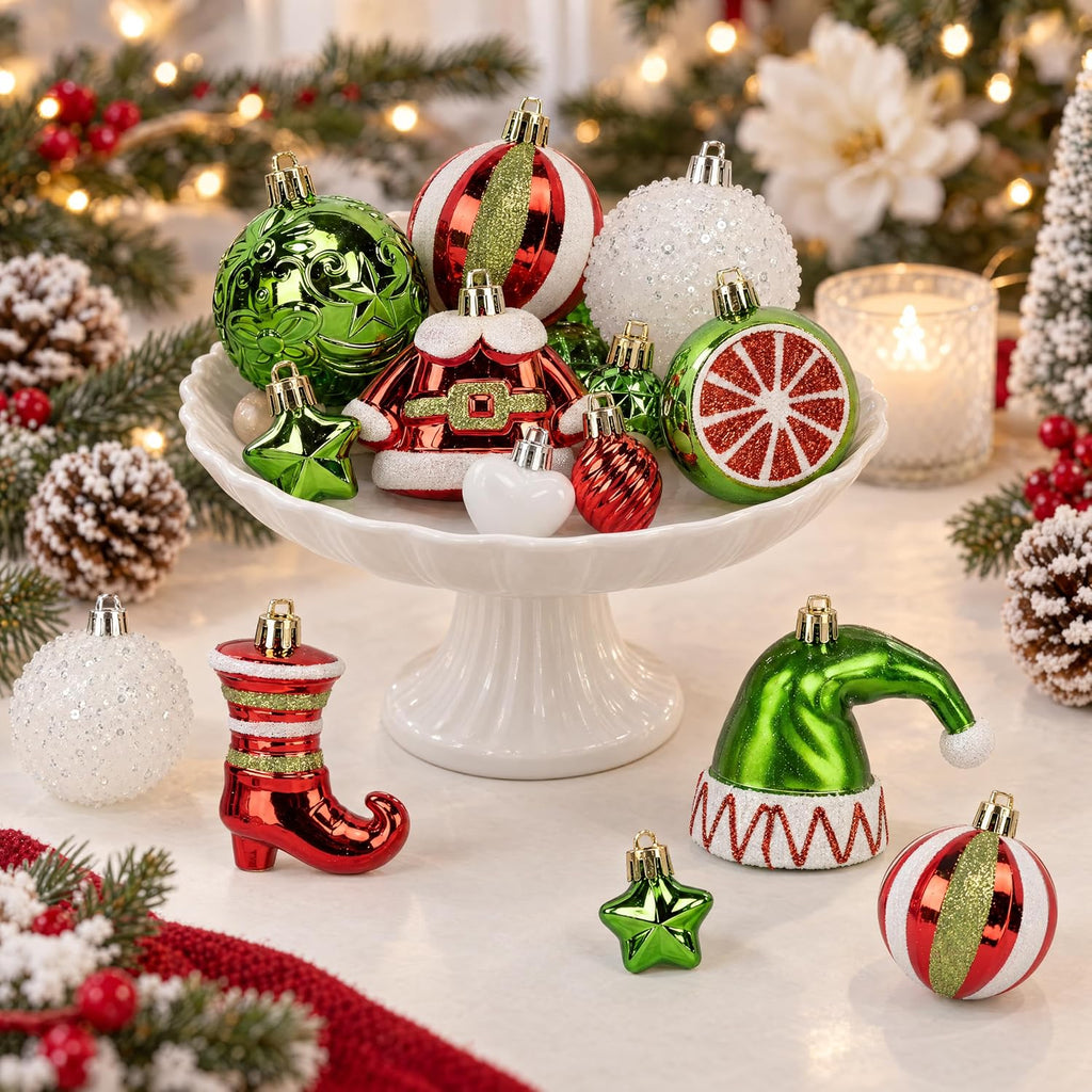 46PCS Christmas Ornament Set, Red, Green & White Tree Decorations