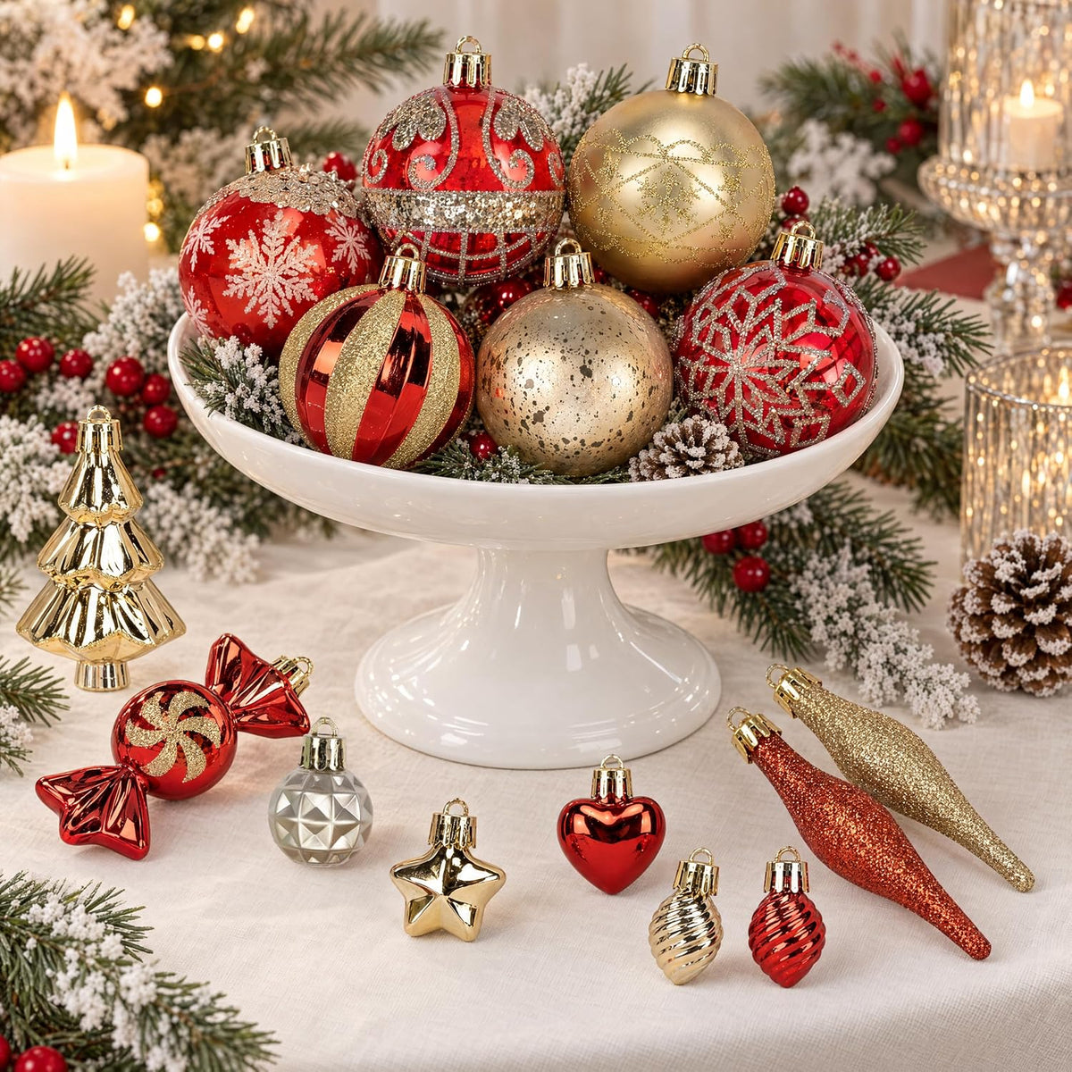 46PCS Christmas Ornament Set, Red and Gold Christmas Tree Decor