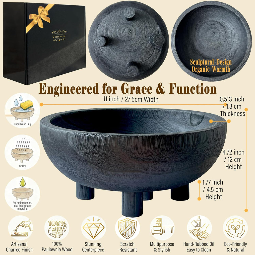 Premium 11" Large Charred Black Wooden Bowl Coffee Table Decor,Dining Decor Centerpiece-Fruit,Snack,Serving Bowl for Kitchen Counter,Farmhouse&Home Decor,Wedding Display-Housewarming Gift