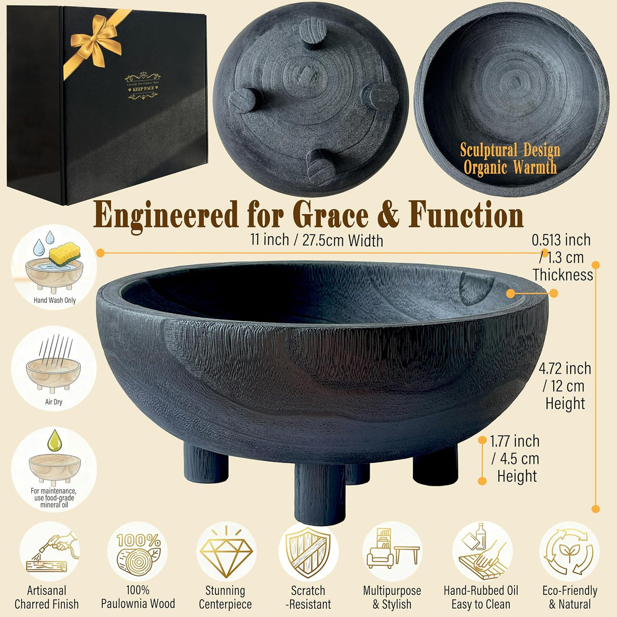 Premium 11" Large Charred Black Wooden Bowl Coffee Table Decor,Dining Decor Centerpiece-Fruit,Snack,Serving Bowl for Kitchen Counter,Farmhouse&Home Decor,Wedding Display-Housewarming Gift
