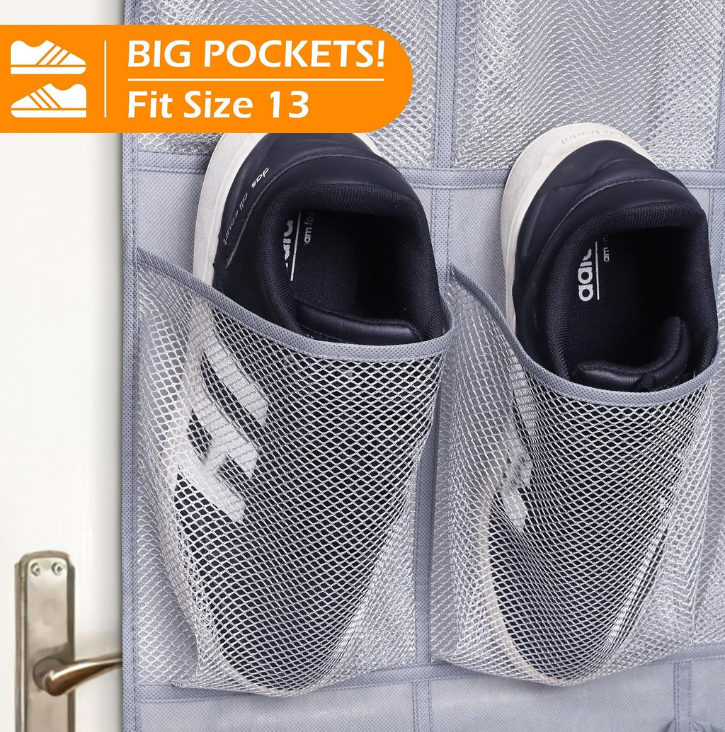 MISSLO 35 Large Pockets Over The Door Shoe Organizer Sturdy Oxford Fabric Hanging Shoe Rack for Door Mesh Closet Shoe Holder Hanger, Grey