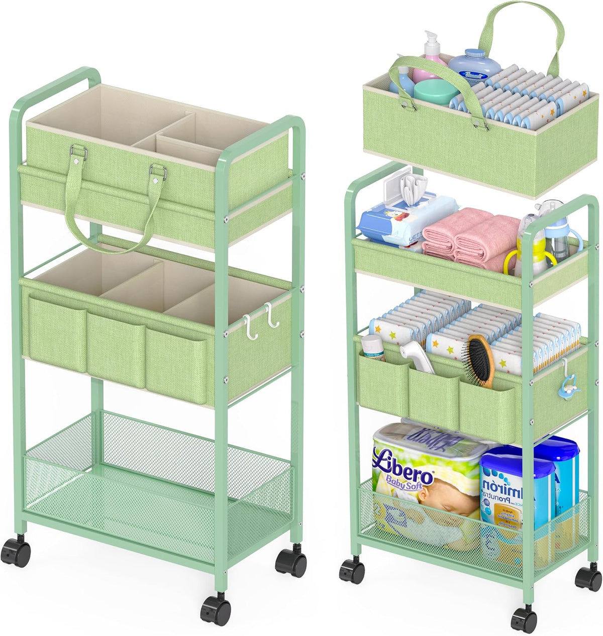 LIDTOP 2in1 Baby Diaper Caddy Organizer Cart, 3-Tier Rolling Cart, Metal Diaper Caddy Carts, Bedside Carts for Nursery Essentials Storage, Detachable Dividers, Large Capacity, Green