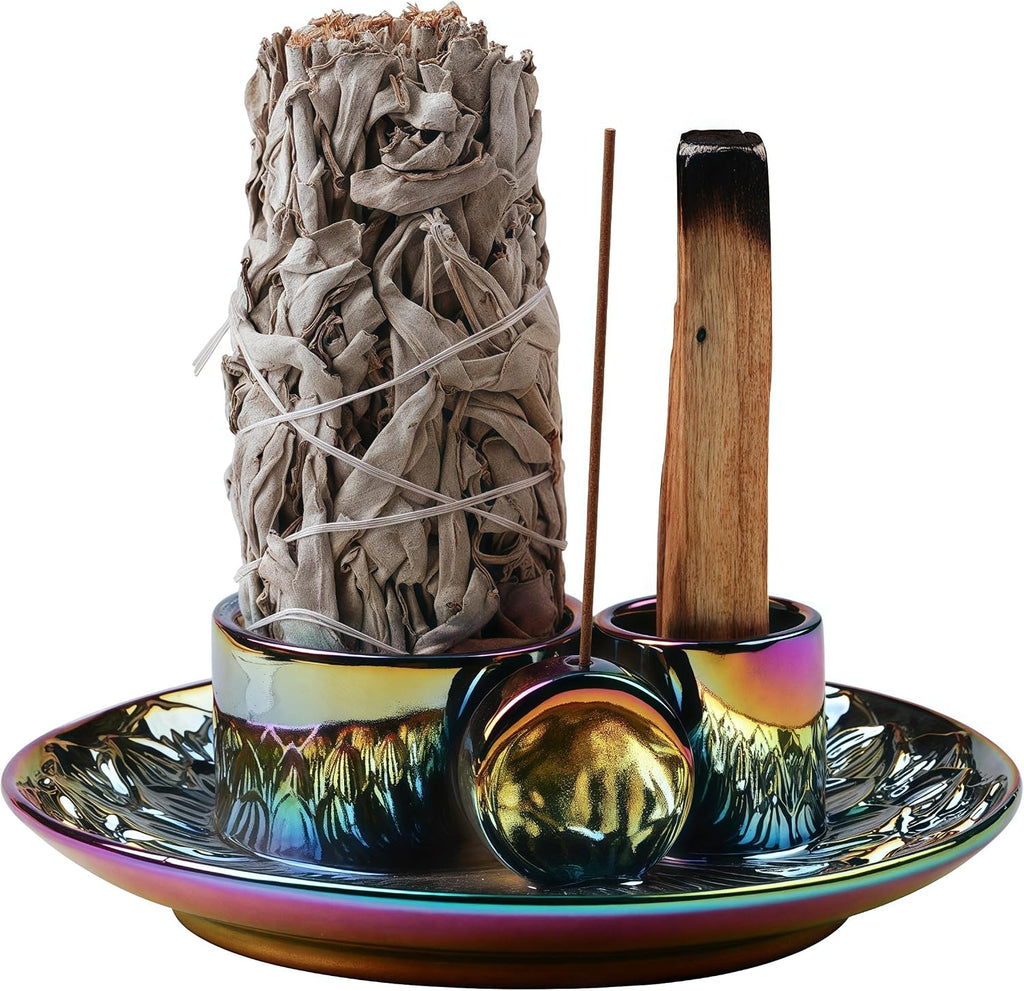 4 in 1 Incense Holder, Ceramic Incense Stick and Palo Santo Holder,Sage Holder for Burning- 5.5" Ceramic Ash Catcher Tray for Meditation and Yoga Room (Colourful)