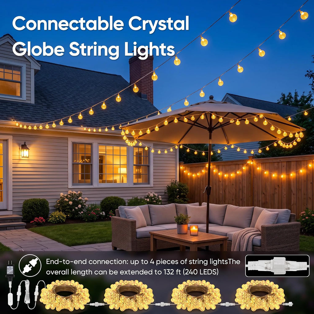 OMIKA Globe Outdoor String Lights Plug in, Connectable 66ft 120LED Crystal Ball Light Waterproof Remote, Warm White & Multicolor Twinkle Lights for Patio Umbrella Tent Garden Party Christmas Décor
