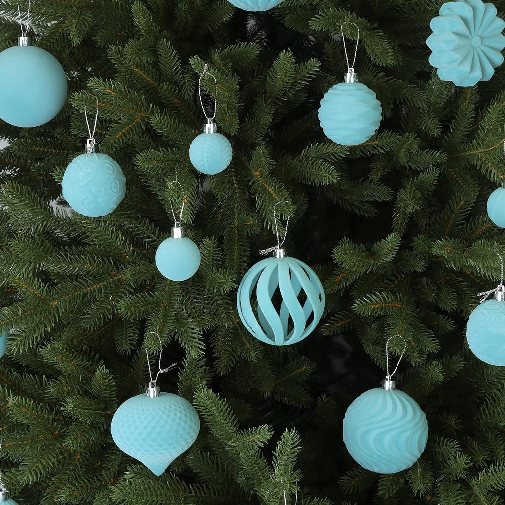 47 Pcs Velvet Christmas Ball Ornaments, Light Blue, 3 Sizes, Mixed Shapes