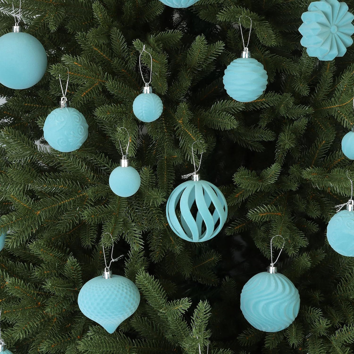 47 Pcs Velvet Christmas Ball Ornaments, Light Blue, 3 Sizes, Mixed Shapes
