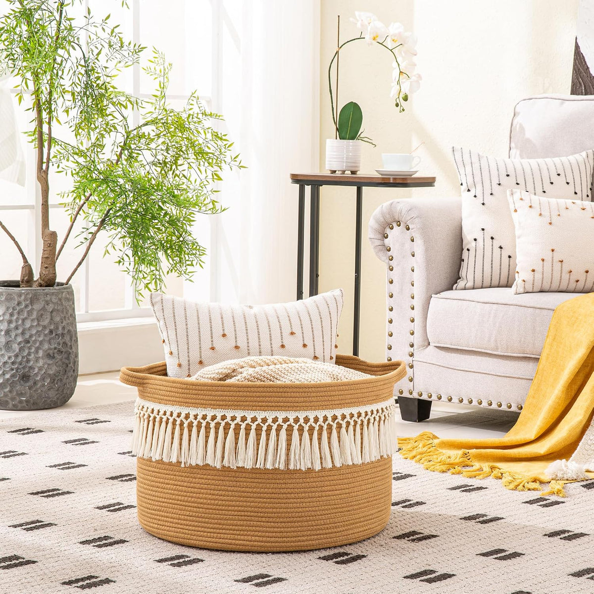 KAKAMAY Large Blanket Basket with Handles, Storage Basket for Living Room