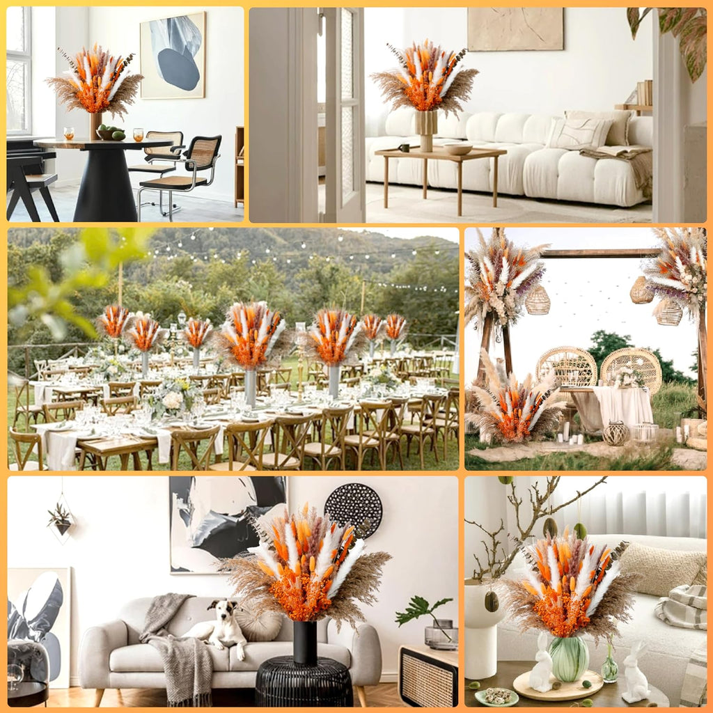 120Pcs 17" Orange Dried Pampas Grass Bouquet, Boho Floral Home Decor